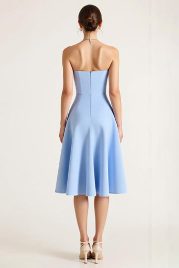 Strapless Blue A Line Midi Graduation Dress